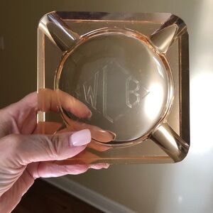 Vtg Chunky HEAVY Art Deco Ashtray. Monogrammed. Peach Salmon Pink CRYSTAL